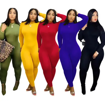 Red High Collar Elastic Tight Jumpsuit for Women
