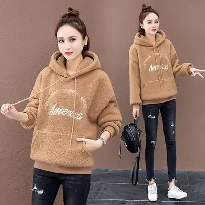 Women American Print Hooded Sweatshirt Cream Loose Fit