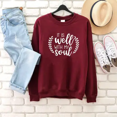 White Crewneck Letter Sweater with "IT IT IS WELL WITH MY SOUL"