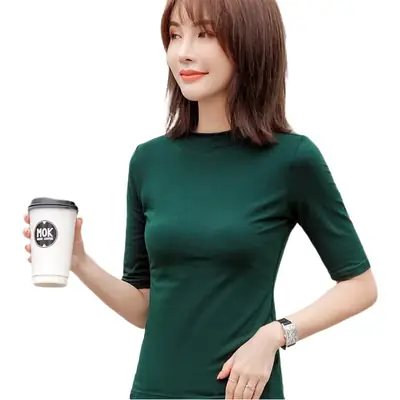Women Cotton Slim Fit Green T-Shirt Small High Collar