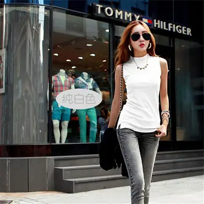 Women Korean Style Blue Sleeveless Turtleneck Vest Shirt