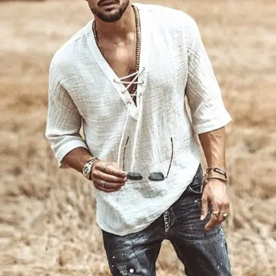 Men Black Lace V-Neck T-Shirt with 3/4 Sleeve