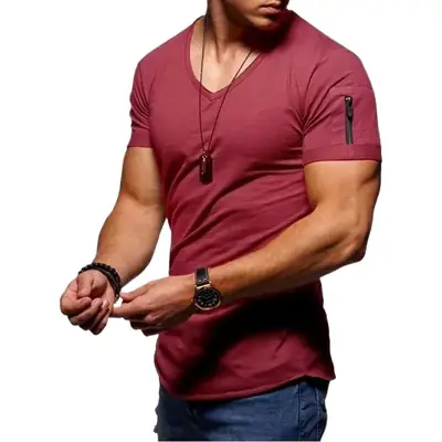 Men Orange V-Neck T-Shirt Slim Fit Solid Color