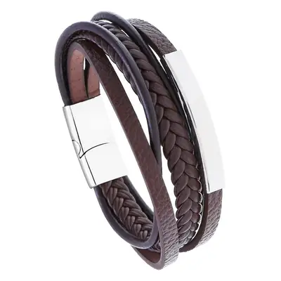 Stainless Steel Leather Bracelet Brown Black Vintage Multi-layer