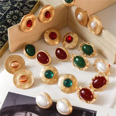 Vintage French Gem Earrings with Antique Cat's Eye Stone