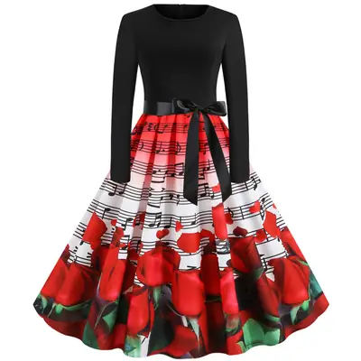 Hot Valentine's Dress Red Rose Print Long Sleeve