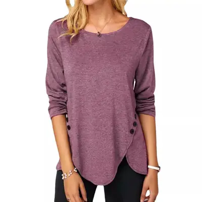 Long Sleeve Button Hem T-Shirt Brown Women