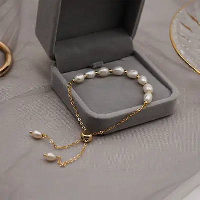 Women's Adjustable Pearl Chain Bracelet Gold Titanium