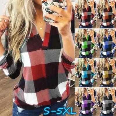 2025 Plaid V Neck Long Sleeve Women's Shirt