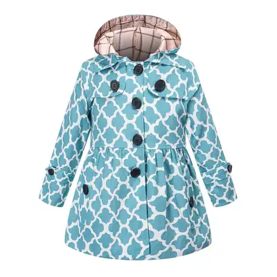 Girls Cotton Trench Coat Blue White Pattern Hooded