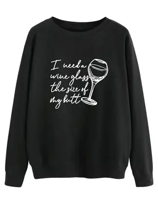 Black Round Neck Sweatshirt with Wine Glass Design