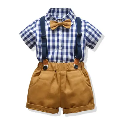 Baby Plaid Bow Tie Shorts Set Brown Blue