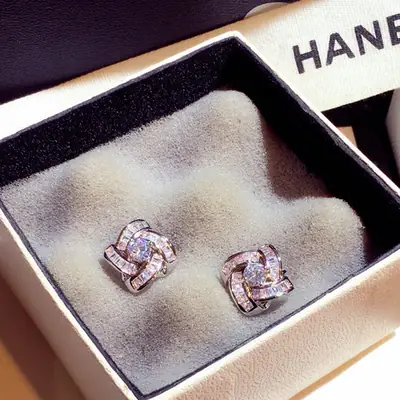 Korean Silver Needle Earrings with Zircon Geometric Elegant Women Earrings
