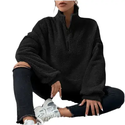 Women Lamb Wool Zipper Sweatshirt Grey Winter