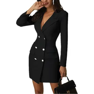 White Double-Breasted V-Neck Suit Jacket Dress for Women