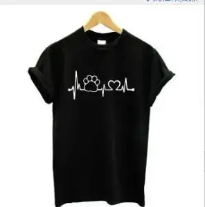 Men Women Black T-Shirt Dog ECG Paw Print