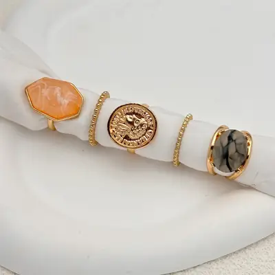 Cross-border Gold Plated Resin Rings Set of 5