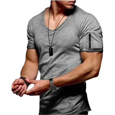 Men V-Neck Stretch T-Shirt Green Large