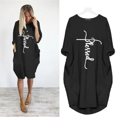 Black Blessed Letter Print Round Neck Dress for Women