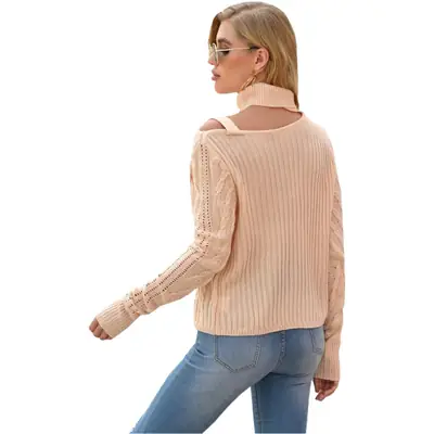 Gray Knit Neck Off-Shoulder Long Sleeve Sweater