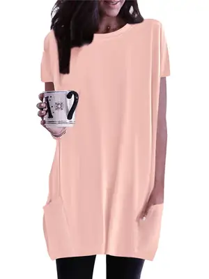 Women Pink Round Neck T-Shirt with Flap Pocket
