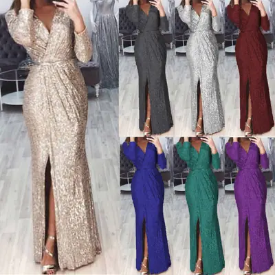 Women's Long Evening Dress with Deep V-Neck & Glitter Fabric