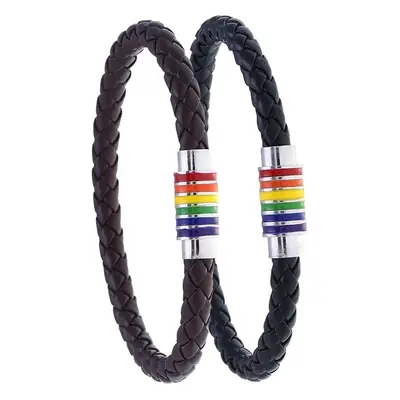 Woven Leather Bracelet with Rainbow Magnet Buckle