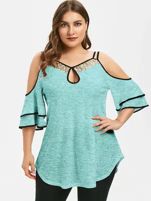 Plus Size Women's Pink Cold Shoulder Sequined Top