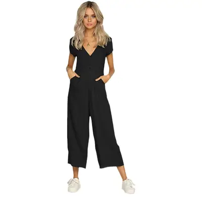 Black V-Neck Button Jumpsuit with Long Pants Set