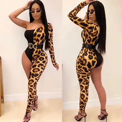 Sexy Leopard Print Single Sleeve Jumpsuit for Women