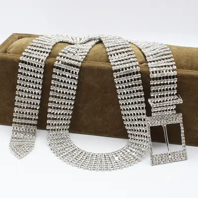 Shiny Rhinestone Waist Belt with Buckle & Chain