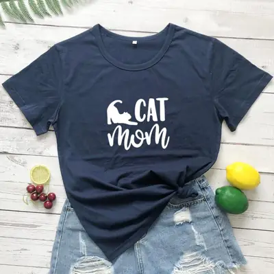 Cat Mom Printed T-Shirt Green Cotton Short Sleeve