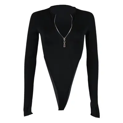 Black Long Sleeve Zipper High Waist Slim Fit Jumpsuit for Women
