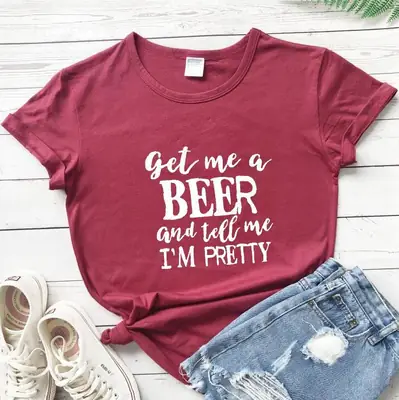 Men Women Beer Call T-Shirt Pink Cotton Short Sleeve