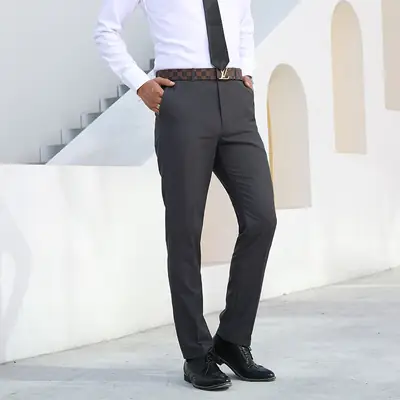 Men's Black Slim Fit Elastic Waist Pants Business Formal