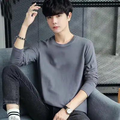 Men Blue Cotton Long Sleeve T-Shirt Loose Round Neck