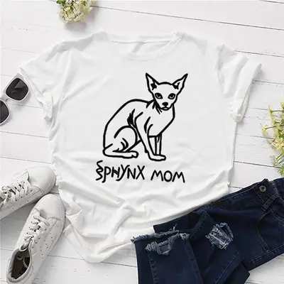 Sphynx Mom Cat Print T-Shirt Grey Cotton