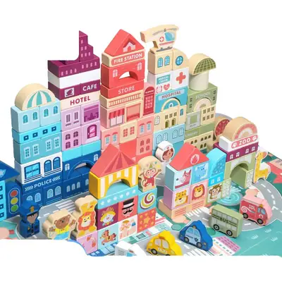 Children's Wooden City Building Blocks Set for Ages 3+