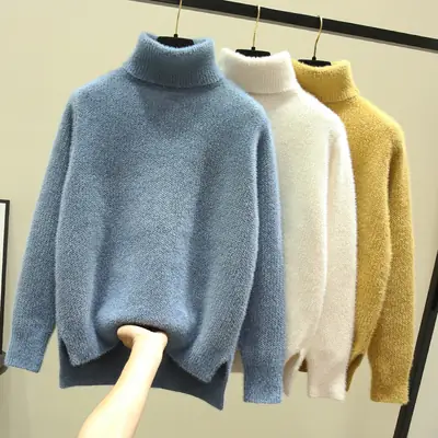 Women Turtleneck Sweater Mink Velvet Golden Autumn Winter