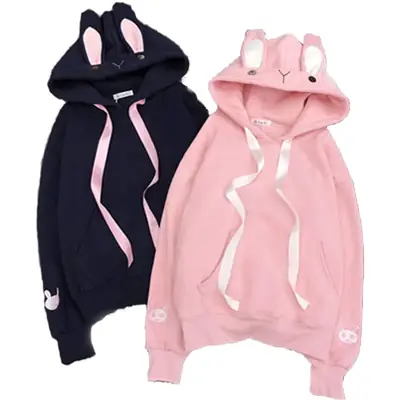 Japanese Style Velvet Hooded Sweatshirt with Rabbit Ears & Heart Mask