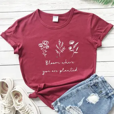 Women Pink Floral Printed T-Shirt "Bloom Where You Are Planted"