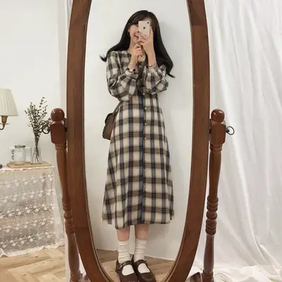 Long Sleeve Plaid Dress Women Autumn Winter Over Knee
