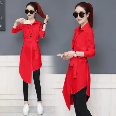 Women Red Belted Coat Mid Length Plus Size
