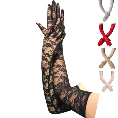 Red Lace Full Finger Gloves 54cm Driving Wedding