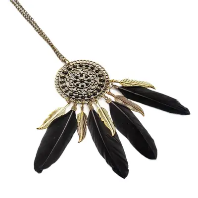 Retro Feather Necklace Pink Bohemian Long Pendant