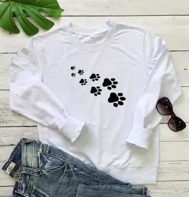 Pink Paw Print Round Neck Sweatshirt for Women