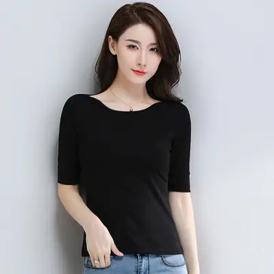 Women White 3/4 Sleeve T-Shirt Mid Collar Slim Fit