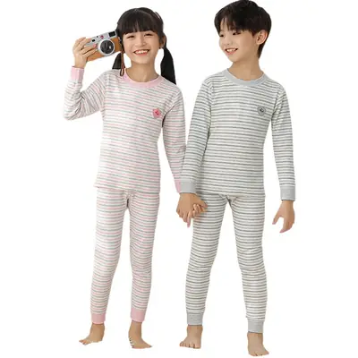 Girls Striped Cotton Pajama Set Autumn Winter Warm