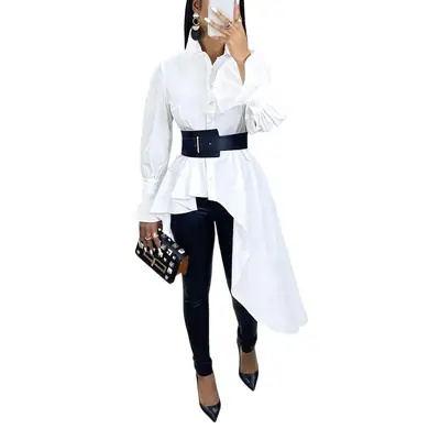 White Long Sleeve Shirt with Black Belt & Black Pants Set