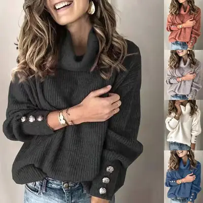 Women's Black High Collar Knit Sweater Jacket with Button Details
